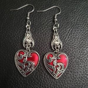 Gothic hanging bat & red heart filigree earrings